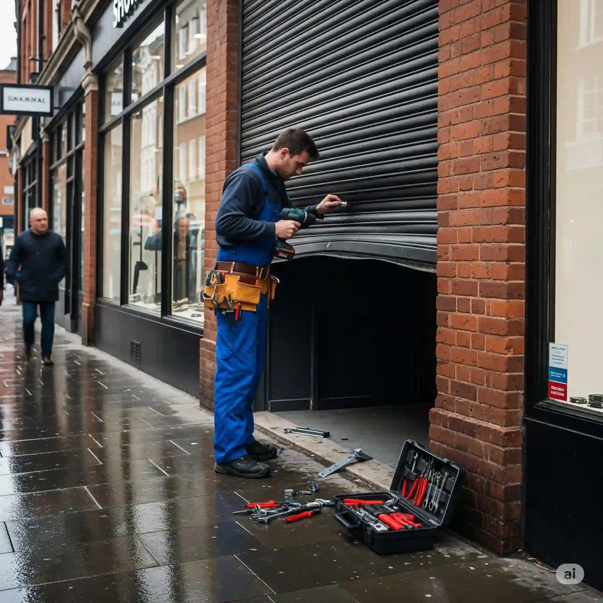 Professional shutter engineer repairing a faulty motor on a roller shutter